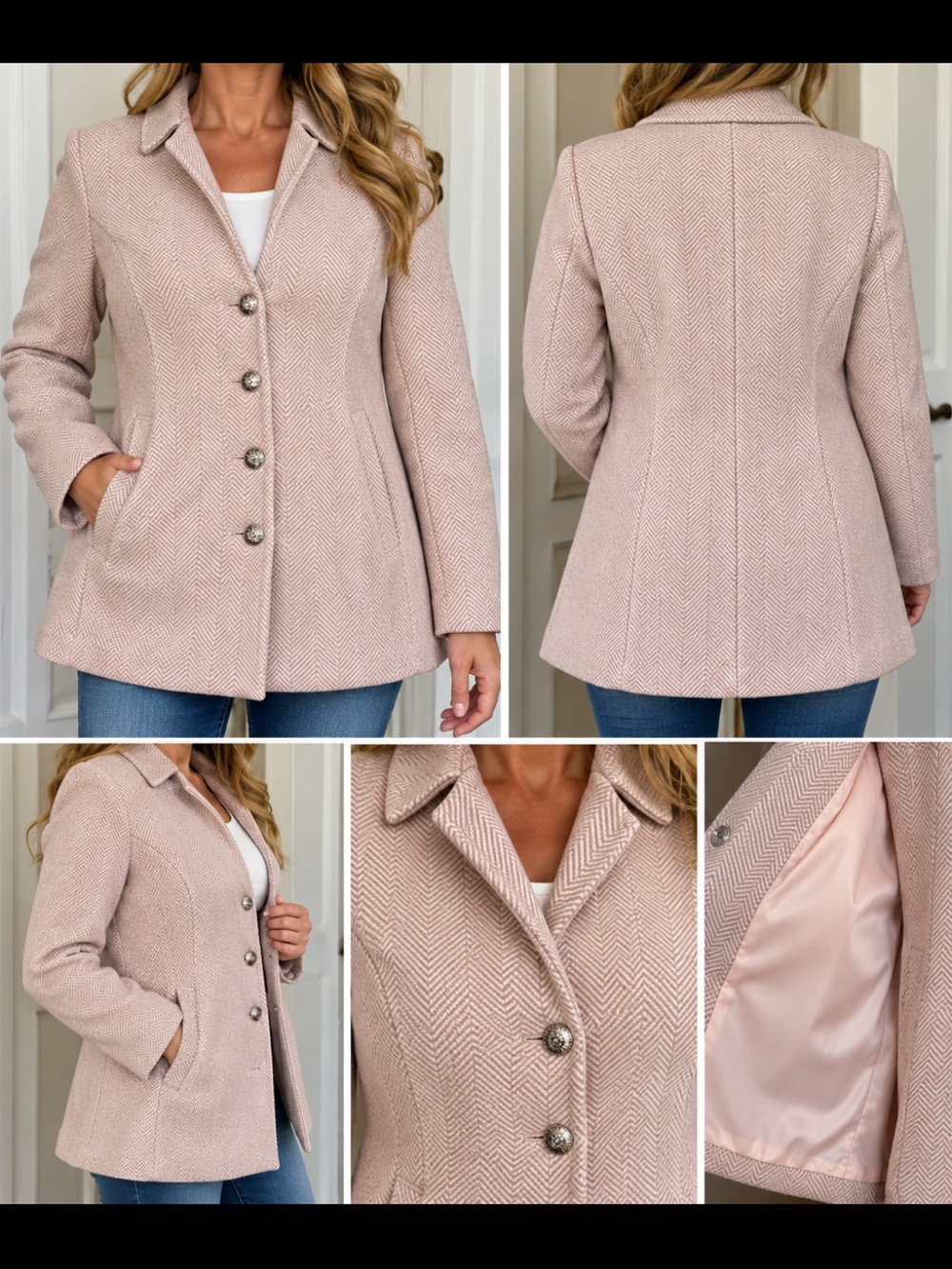 Women’s Size Medium Blush Pink Lined Herringbone Wool-Blend Coat.